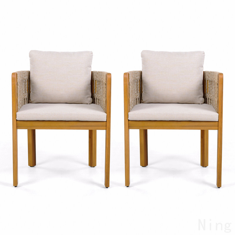 Ensemble de 2 chaises de salle à manger d'extérieur en bois d'acacia avec poignées en corde mixtes brunes, coussins lavables et imperméables beiges, capacité de 400 lb