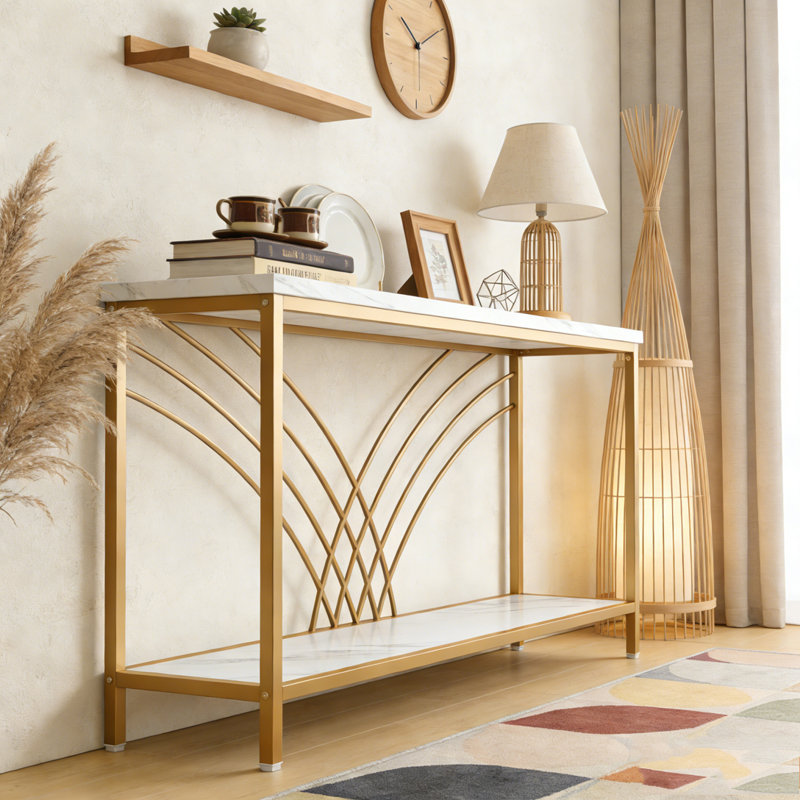 Console de table d'entrée en faux marbre avec 2 tablettes de rangement