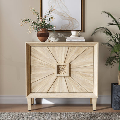 Buffet de style Mid-Century avec crédence moderne, rangement compact avec portes Sunburst symétriques pour petits espaces, tablettes réglables pour la salle à manger et le vestibule