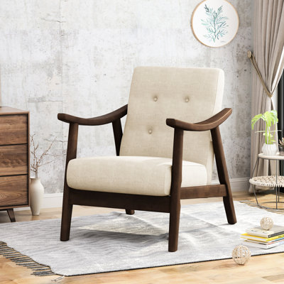 Chaise de style Mid-Century moderne avec revêtement beige et structure d'appoint brun