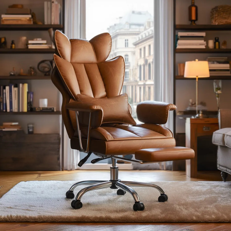 Ergonomic Adjustable Reclining Swiveling Office Chair - Faux Leather with Footrest for PC,  Dark Brown
