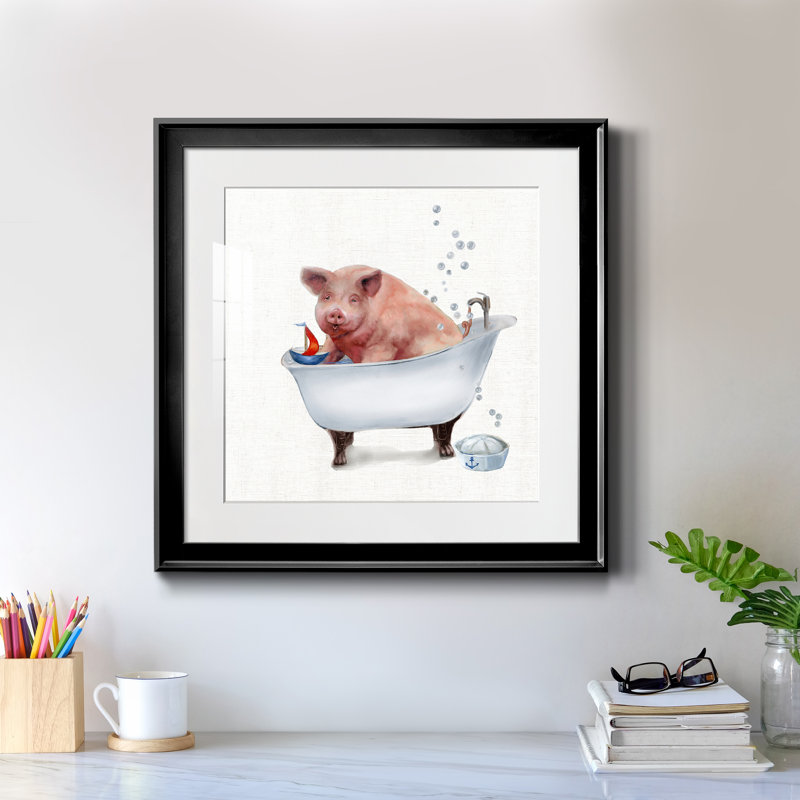 «Farm Tub Pig» - peinture encadrée, H 17,5 po x l 17,5 po x P 1,5 po, Toile avec cadre noir