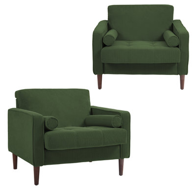 Fauteuil club capitonné avec accoudoirs carrés en velours côtelé vert Iliana avec 2 coussins