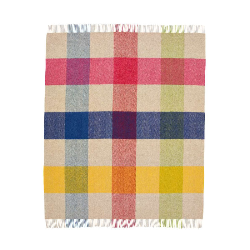 Jeté en laine Shetland, Bleu / vert / rouge / jaune / ivoire géométrique