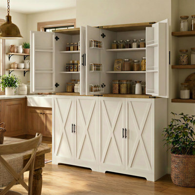 72" Kitchen Pantry Cabinets With Barn Doors And Spice Racks（Set Of 2）