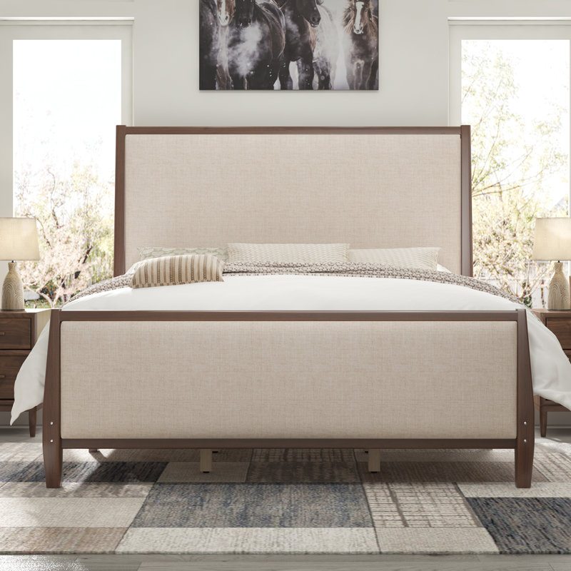 Solid Pine Bed with Upholstered Headboard and Footboard, Walnut Brown, Queen