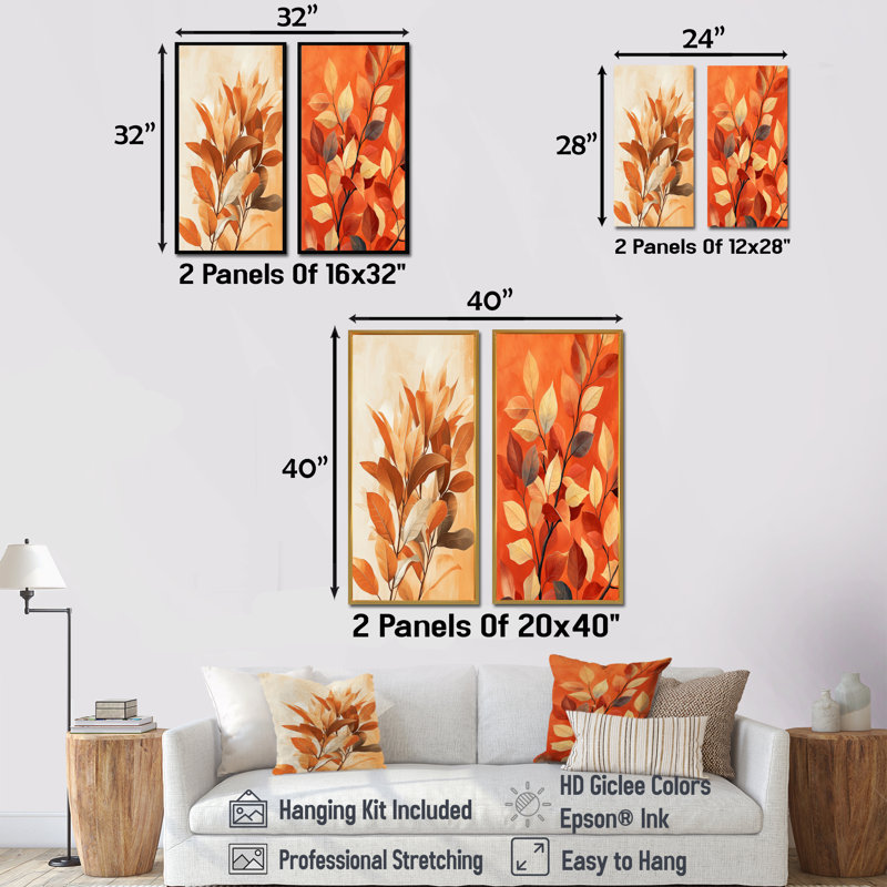 «Terracotta Leaves Layers Of Forest I», art mural floral 2 pièces, H 40 po x l 41 po, Encadrement argenté