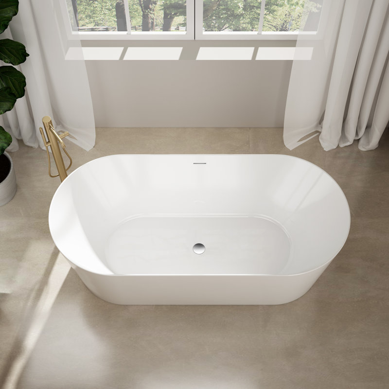 Condris Sigma 67'' x 32'' Freestanding Soaking Acrylic Bathtub with Center Drain, Drain Assembly, and Overflow