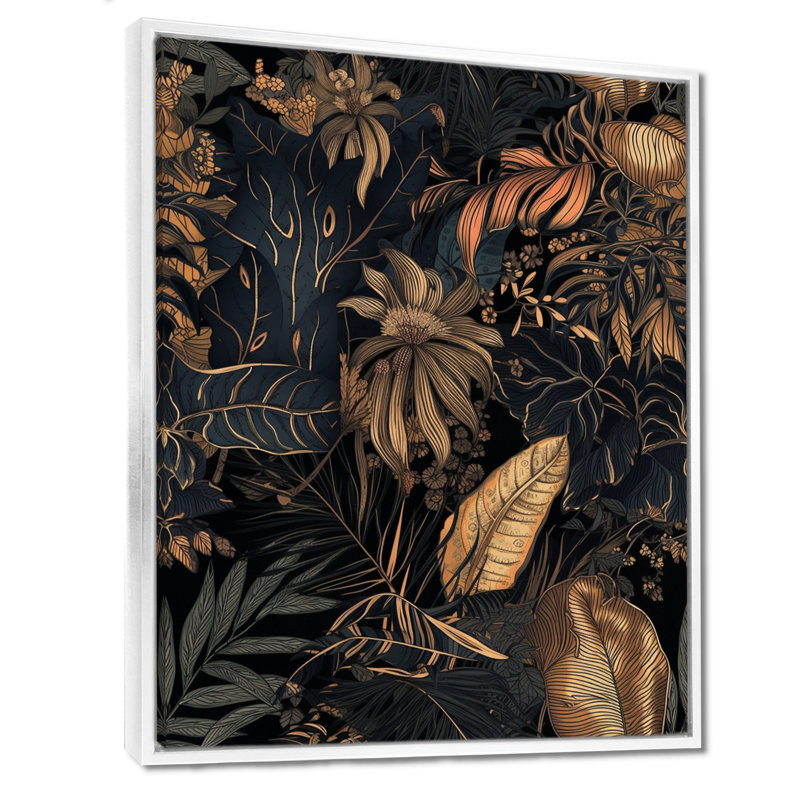 Feuille d'or tropicales Serenade III - feuilles, art mural, H 44 po x l 34 po, Cadre flottant blanc