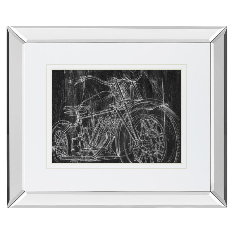 Mechanical Motorcycle Sketch Wall Art - 40 x 34in - Mirrored Frame