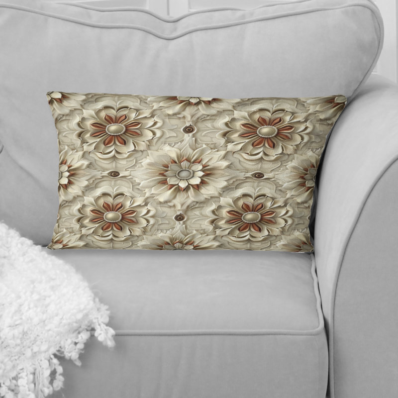 Beige White Floral Mosaic II - Traditional Lumbar Pillow
