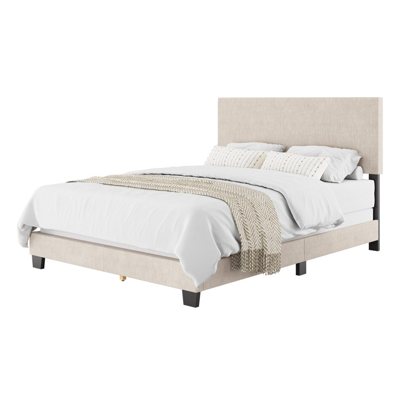 Arlea Upholstered Panel Bed, Queen, Beige Polyester