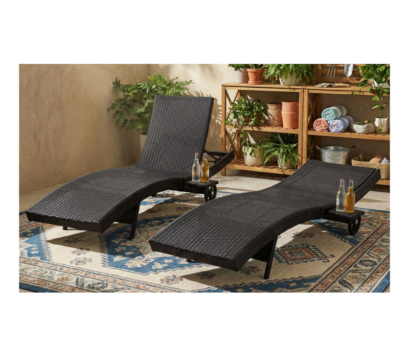 K&K 80'' Patio Wicker Chaise Lounge Chairs Set of 2, Outdoor Rattan Reclining Lounge Chair with Rolling Wheels & Pull-out Side Table, Adjustable Backrest for Poolside, Black & Brown
