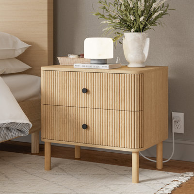Seyla 24" Nightstands with Rounded Corners & Solid Wood Legs, Charging Station, 2 Drawers End Table with Storage, Mid Century Modern Fluted Bedside Table for Bedroom