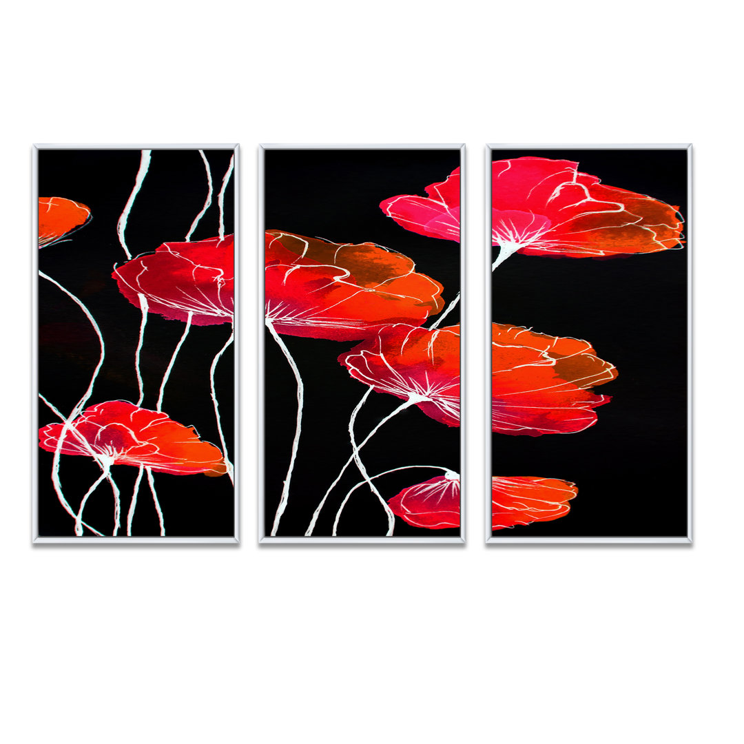 " Abstract Red Flower Detail On Black II " 3 - Pieces Red Barrel Studio® Frame