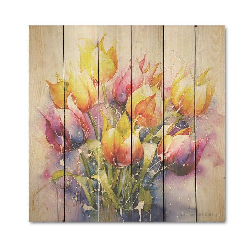 Majestic Herald I - Tulipes, art mural sur bois de pin naturel, H 15 po x l 15 po