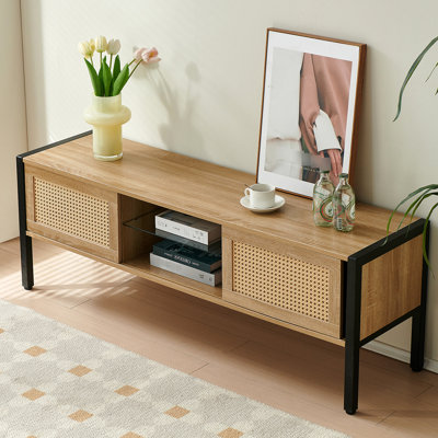Meuble télé 53,24 po avec façade tissée, pieds en métal, tablette réglable, bande de 16 couleurs pour le support de la base de l'armoire du salon, bande, portes coulissantes doubles pour usage domestique