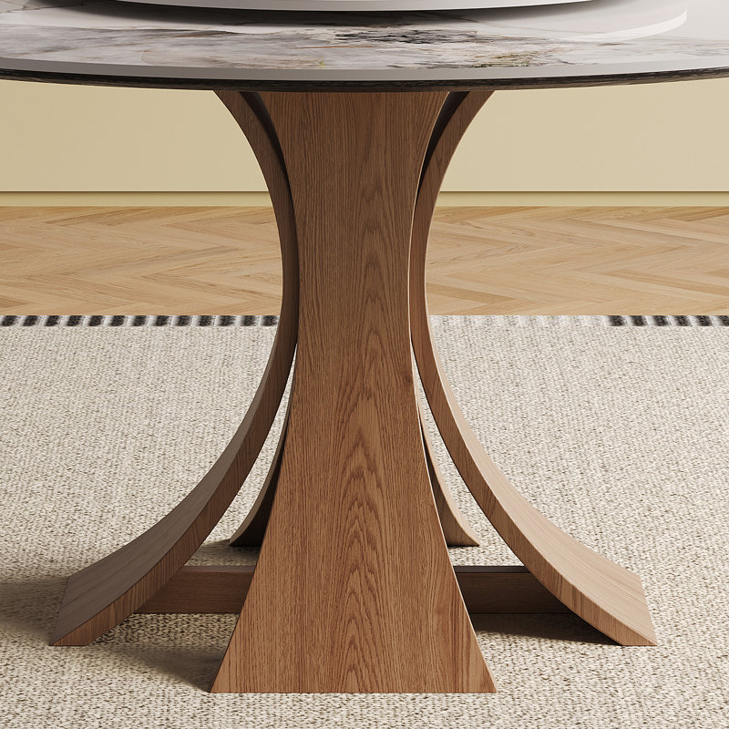 Ensemble de table de salle à manger 59 pouces en pierre frittée moderne, avec une table tournante ronde de 35 pouces, pouvant accueillir 6 à 8 personnes, et une base en bois unique de couleur noyer (table + 8 chaises)