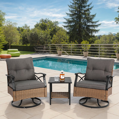 Ensemble 3 pièces de chaises berçantes pivotantes en osier pour l'extérieur avec table et coussins