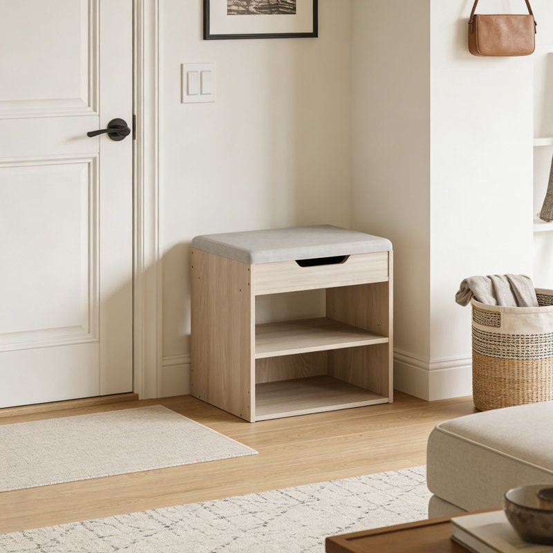 Banc de rangement pour chaussures 13,2 "avec coussin, étagère à chaussures réglable à 2 niveaux pour vestibule, Bois naturel