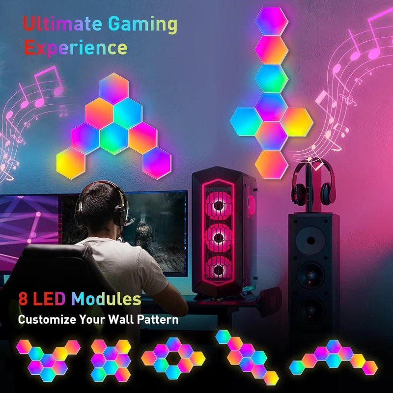 Lights (8 Pack) LED Wall Panels, TISOFU RGB Gaming Lights with APP, Smart Modular Panel Hex Tiles Push Glide Expansion Shapes Lights