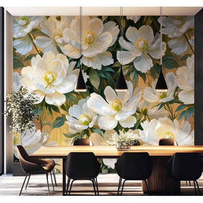 White Wildflower Garden Wall Mural – Lush Oversized Botanical Floral Wallpaper with Green Leaf Detail on Warm Gold Background
