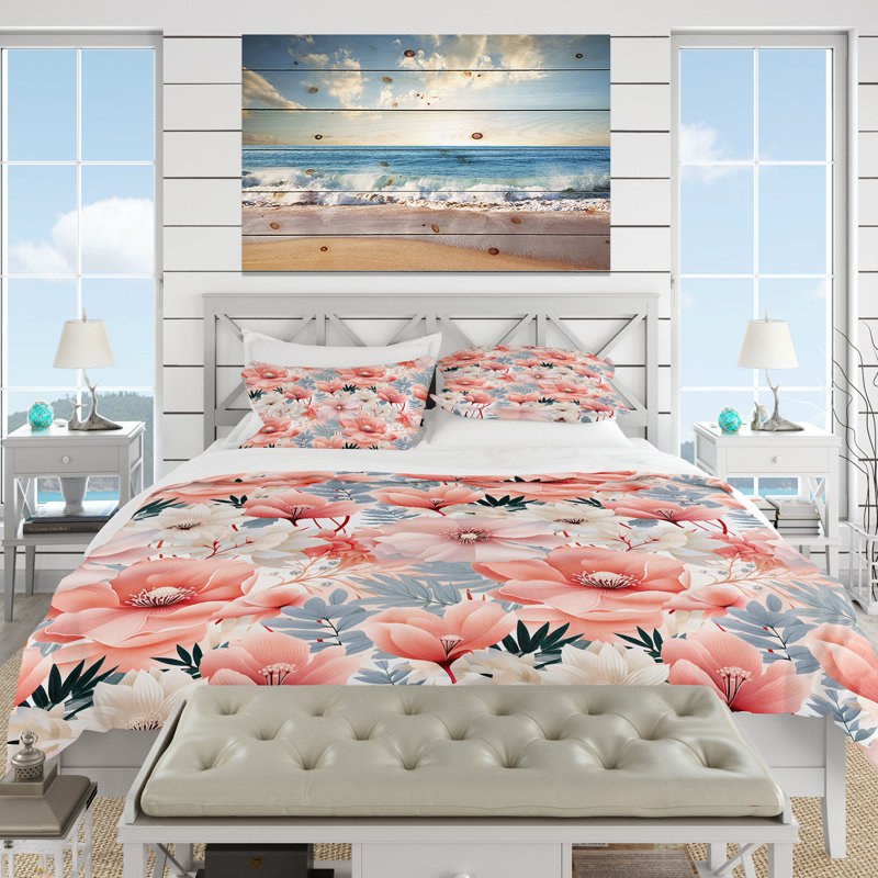 Seaside Elegance Tropical Pattern Duvet Cover, Queen Duvet Cover + 2 Standard Shams