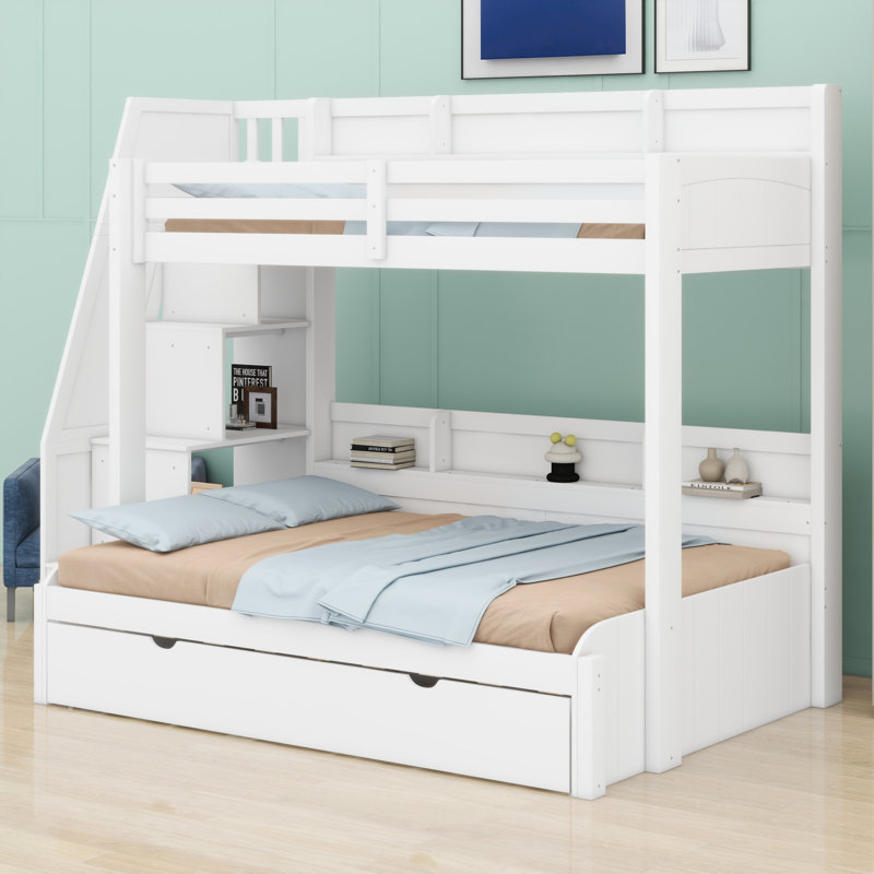 Multifunctional Storage Staircase Bunk Bed With Trundle And Integrated LED，USB，Shelves, White