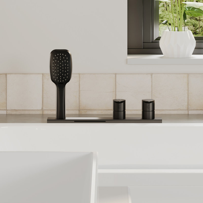 Doux Waterfall Deck-Mount Bathtub Filler Faucet with 2-Fuction Handheld Shower and Diverter, Matte Black