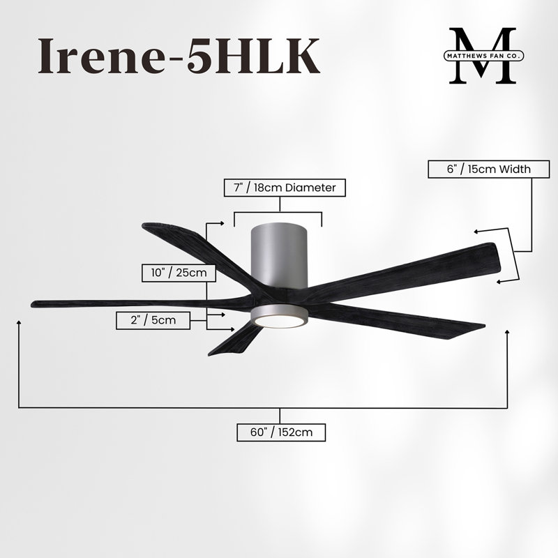 Irene Flushmount Light Kit 5 Blade LED Ceiling Fan, Brushed Nickel, Matte Black, 60"