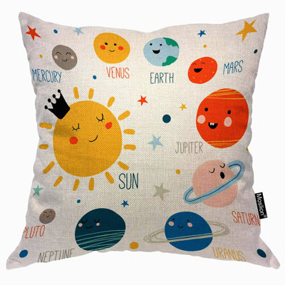 Cartoon Solar System Smile Decorative Pillow Cover - 16 Inch Square Cushion Case for Sofa Bed - Moon Earth Mars Pluto Jupiter Stars