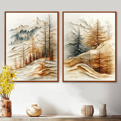 Couches de montagnes tranquilles aux pins oranges - Impressions sur toile en 2 parties