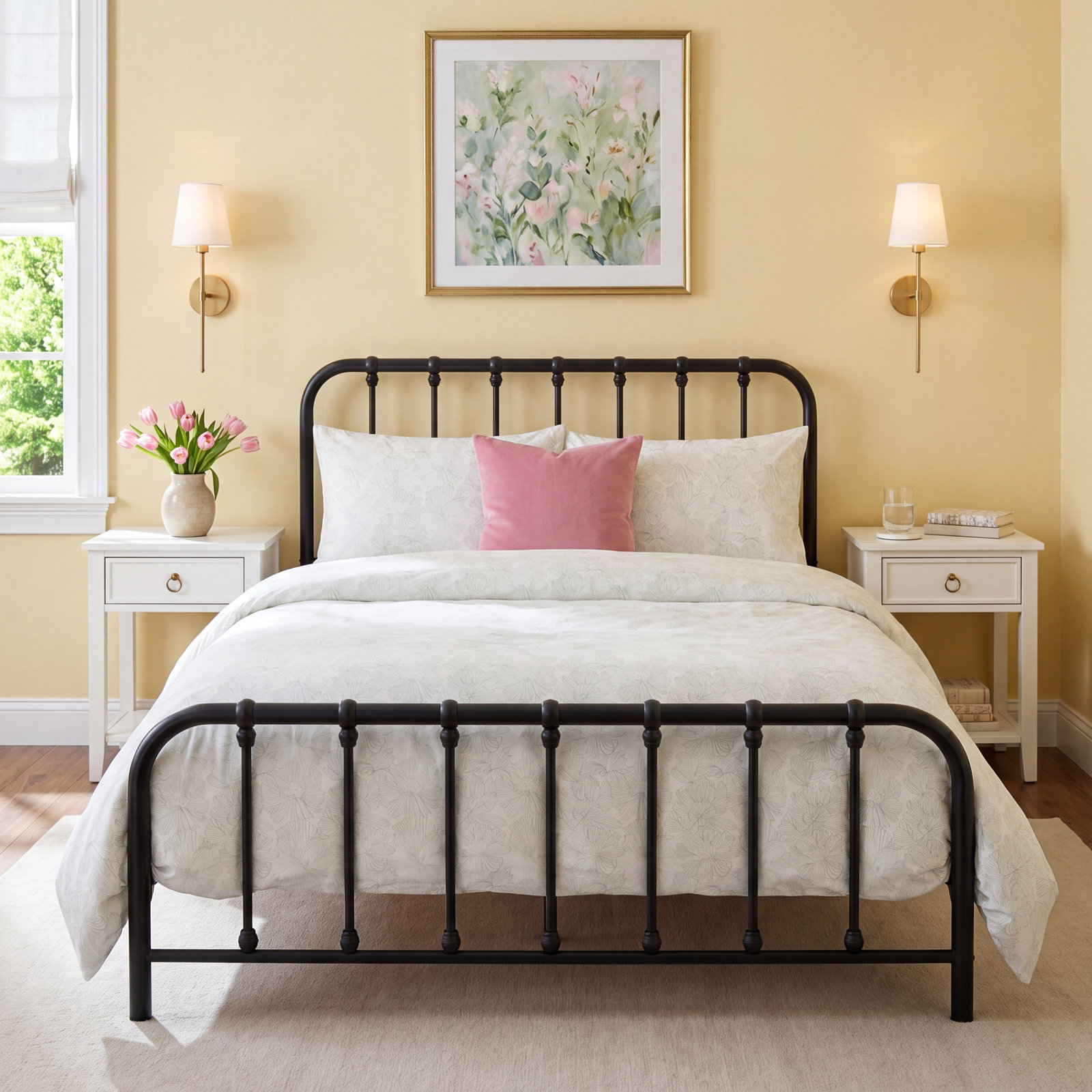 100% French Linen Duvet Cover & Sham Set, King Duvet Cover + 2 King Pillow Shams, Cream/Wave Floral