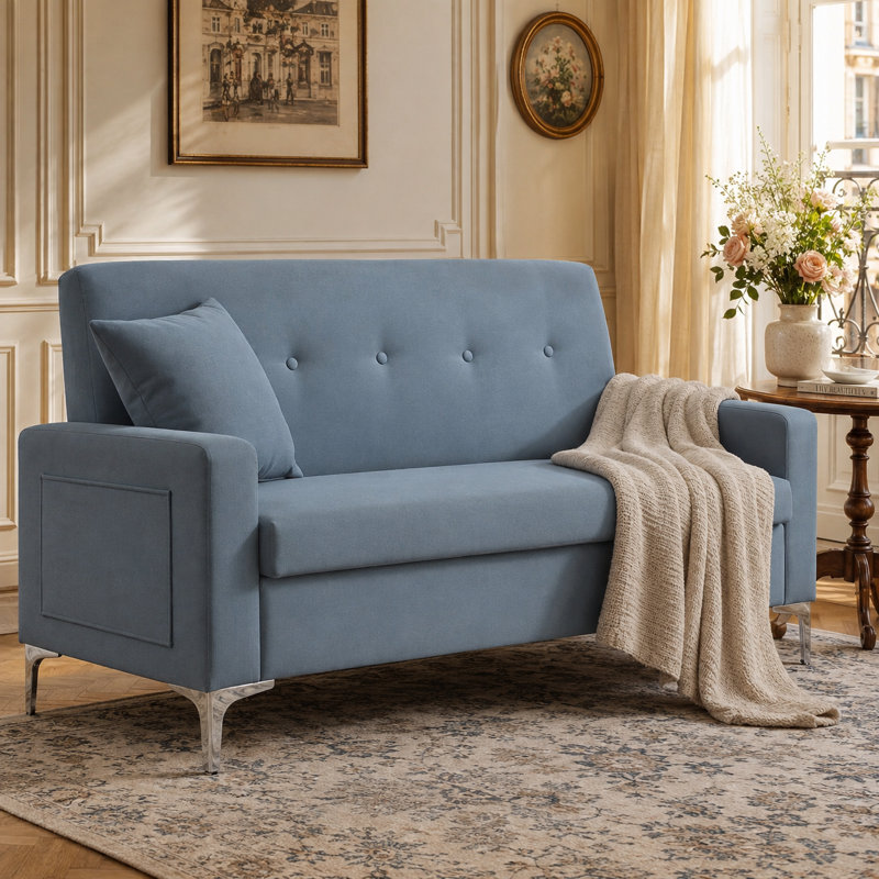 Canapé deux places Varlune 145 cm avec rangement, canapé moderne rembourré 2 places avec coussin, coussin à ressorts, pieds en métal argenté et capacité de charge de 159 kg.