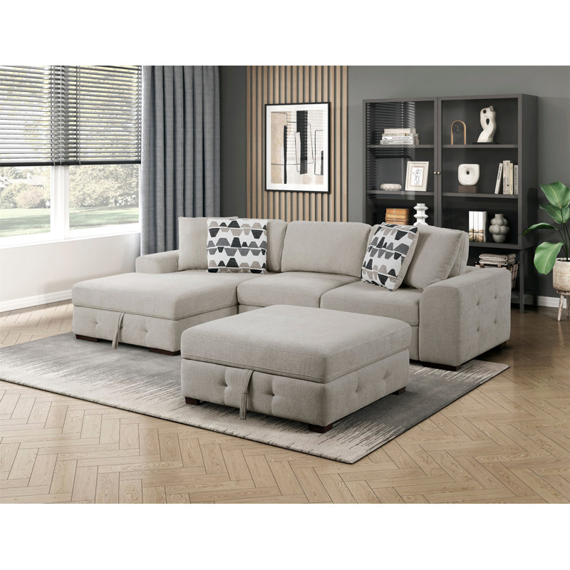 Mobilier de salon en taupe capitonné 3 pièces avec méridienne de rangement et repose-pieds Taupe