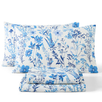 HLC.ME Blue Floral Bed Sheets - Wrinkle Resistant & Ultra Soft - Fits Mattresses up to 15 Inches Deep