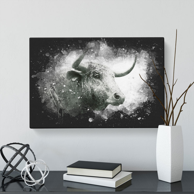 Stone Statue of a Bull - Wrapped Canvas, 35cm H x 50cm W x 3cm D