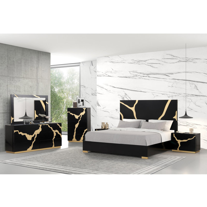 Ensemble de chambre à coucher 6 pièces Heckstall, Très grand, 6 Pcs: Bed,2 Nightstands,Dressers,Chest, Mirror