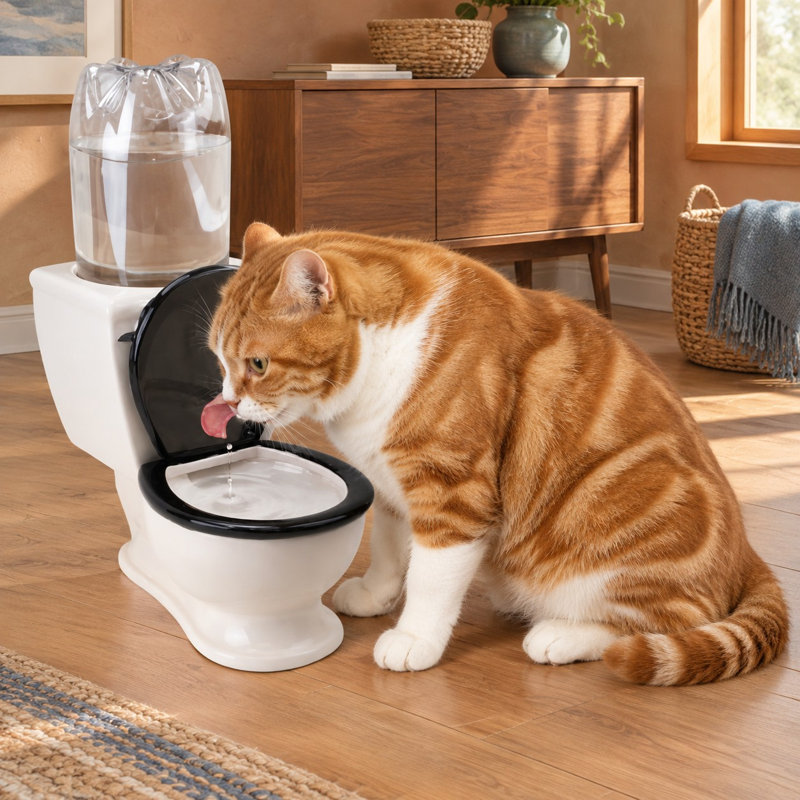 Gamelle d'eau en céramique en forme de toilette pour chiens et chats, conçue pour contenir une bouteille de 2 litres.