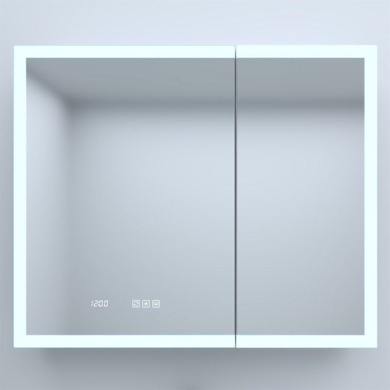 36 po L 30 po H Pharmacie rectangulaire en aluminium argenté encastré / à fixation en surface avec miroir DEL et horloge