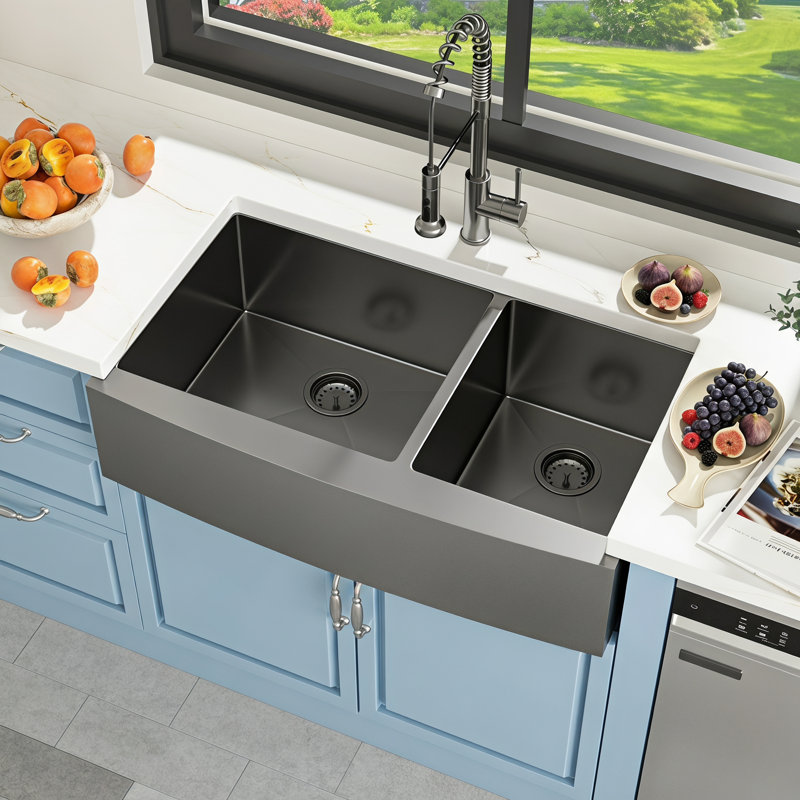 Évier de cuisine en acier inoxydable à tablier frontal à double cuve 60/40 L 33 po x l 21 po, Gris bronze