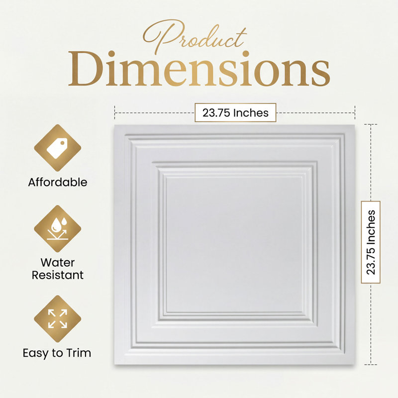 Tuile de plafond en PVC lisse 24 po L x 24 po, Blanc familier