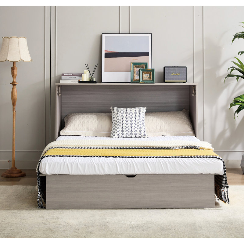 Grand lit moderne avec rangement, matelas en mousse pliable, ports et tiroirs, compartiment de rangement gris, centre de chargement pour matelas,