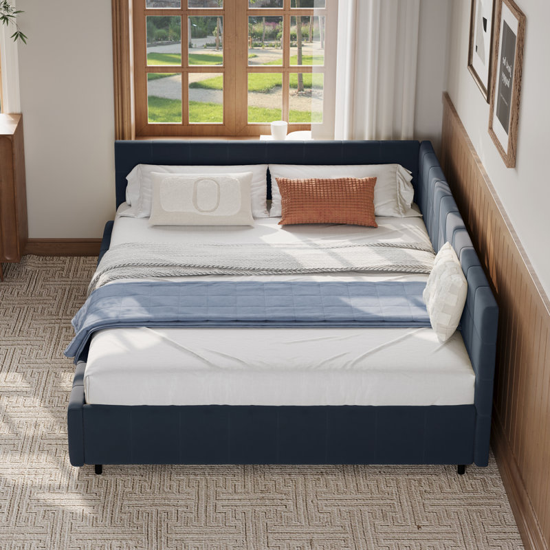 Reversible L-Shape Upholstered Platform Bed With Velvet Fabric Design, Blue, Queen