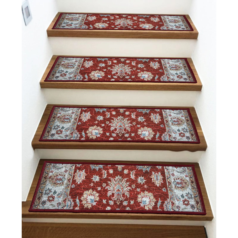 Tapis d'escalier à motif sur velours rouge lavable à la machine sur mesure, Rectangle 32 po x 6 po