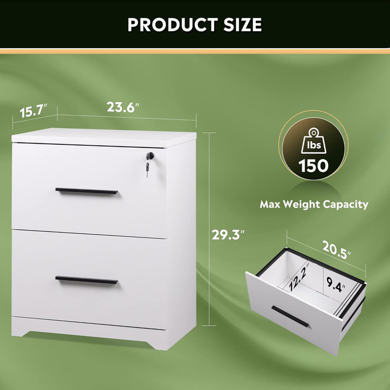 2-Drawer Wood Lateral File Cabinet With Lock For Home Office, White