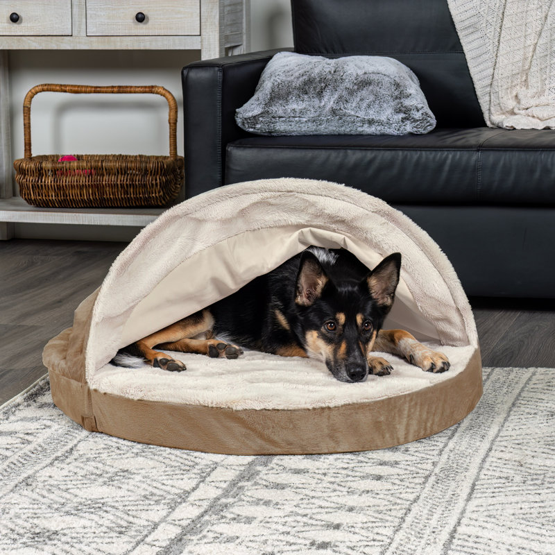 Wave Fur & Velvet Snuggle Cave Orthopedic Hooded Dog Bed, Medium (26" W x 26" D x 3" H), Brownstone