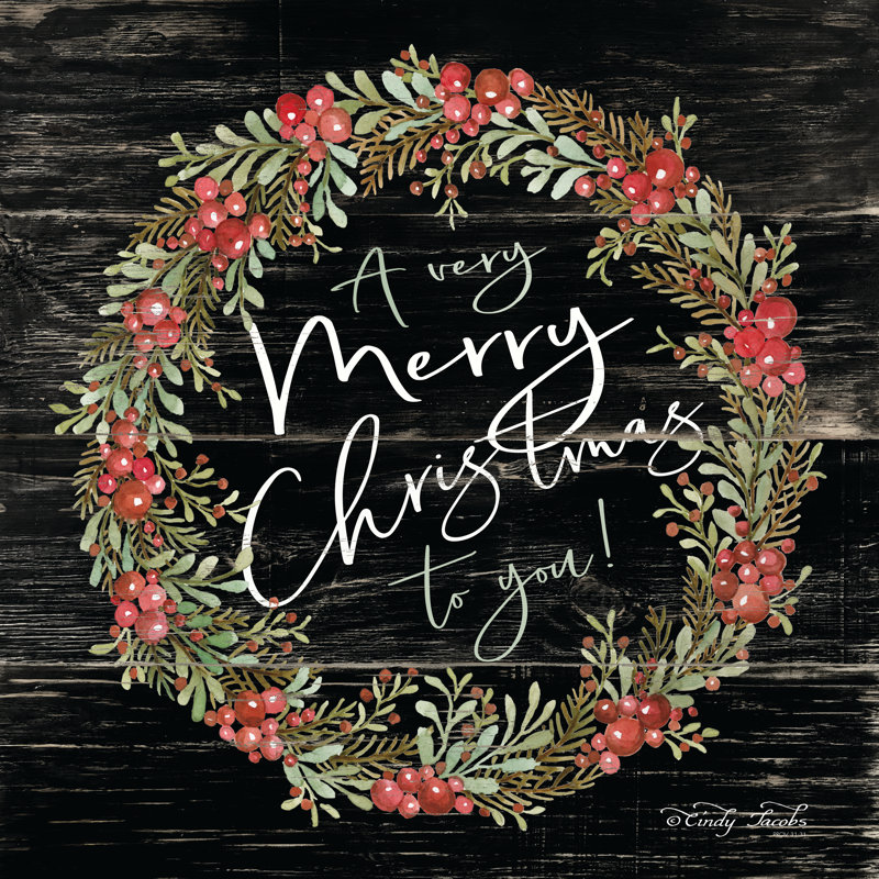 Une couronne de Noël très joyeuse - Peinture, H 20 po x l 20 po, Papier avec cadre photo en érable, Oui