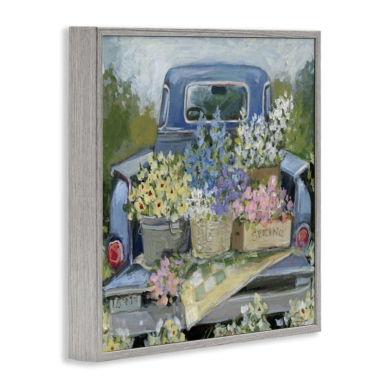 Camion-lit avec fleurs, estampe numérique, conception par Susan Winget, Giclée de ferme grise encadrée, H 12 po x l 12 po