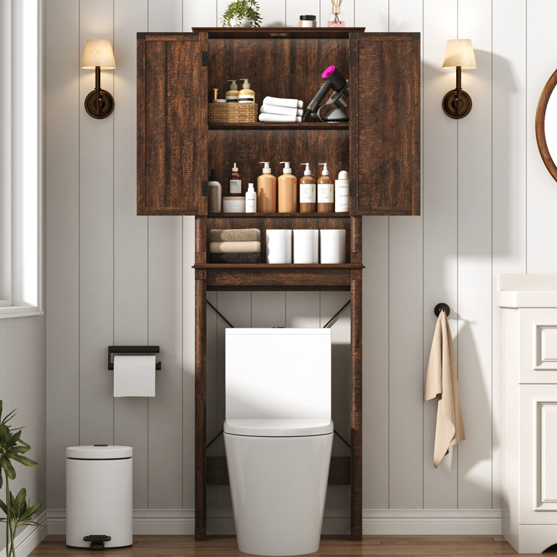 Over The Toilet Storage, Bathroom Storage Cabinet, Farmhouse Bathroom Cabinet With Barn Door And Roman Column Decor, Brown